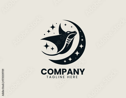Vector logo shows star combined with manta ray illustration in minimal ocean design