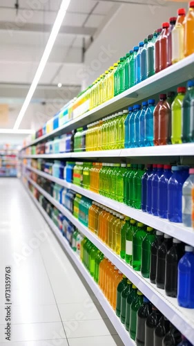 Grocery store shelves stocked with colorful cleaning products and household chemicals on a clean white tiled floor.