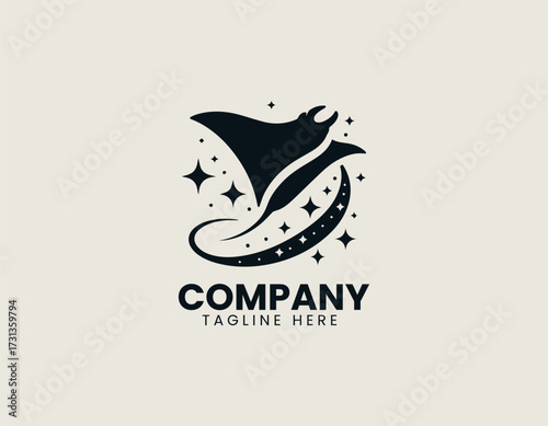 Vector logo shows star combined with manta ray illustration in minimal ocean design
