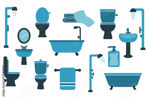Bathroom Fixtures Flat Design Illustration Set