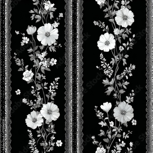 Elegant floral damask seamless pattern with gold accents on a black background, vintage botanical design,