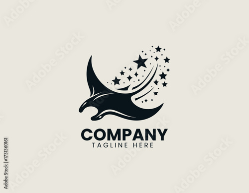 Vector logo shows star combined with manta ray illustration in minimal ocean design