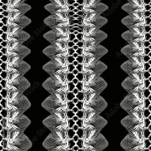 Intricate monochrome pattern with interlocking geometric shapes, hexagonal and triangular motifs,