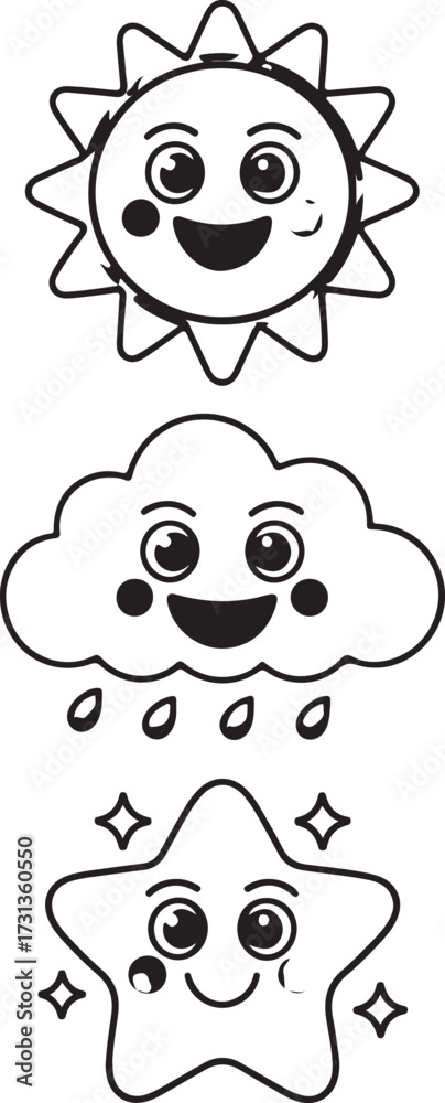 Fototapeta premium Cute hand drawn weather icons sun cloud with rain star with sparkles fun cartoon style