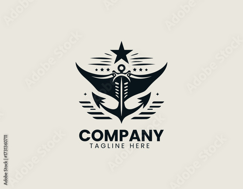 Vector logo shows anchor combined with manta ray illustration in minimal marine design