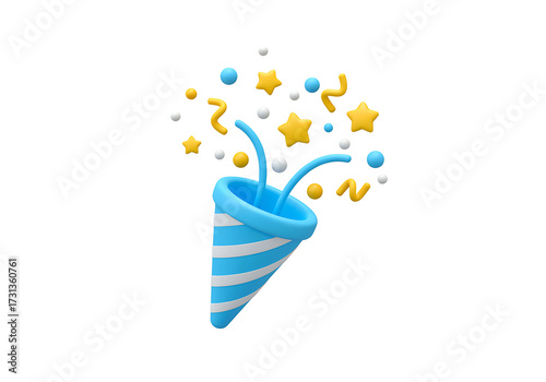 Blue Party Popper Emoji icon with confetti. Illustration of 3d rendering. An element for birthday greetings, New Year and other holidays.
