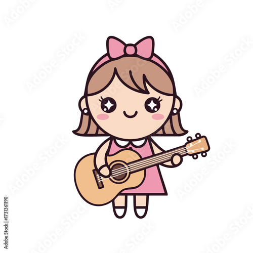 Adorable Cartoon Girl Playing Acoustic Guitar with Pink Dress and Bow
