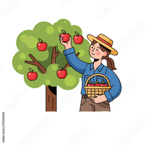 Cheerful Farmer Harvesting Red Apples from a Lush Green Apple Tree