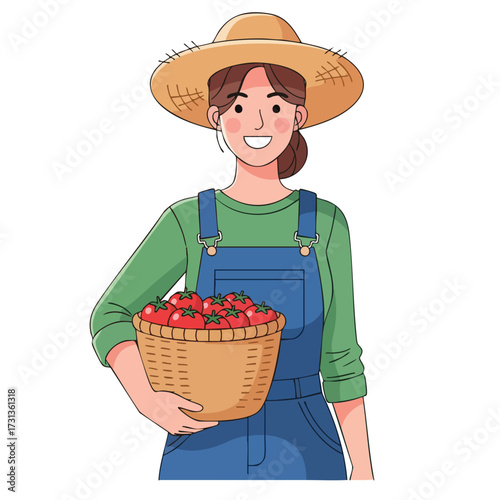 Smiling Farmer Girl with Straw Hat Holding a Basket Full of Red Tomatoes