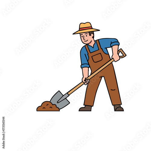 Cheerful Farmer Digging with Shovel, Wearing Overalls and Straw Hat