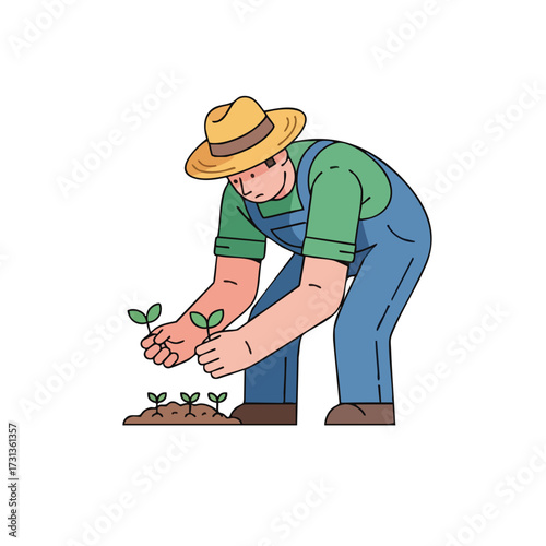 Farmer Planting Seedlings in Soil, Wearing Overalls and a Straw Hat