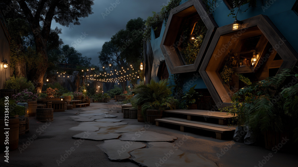 Fototapeta premium Enchanting Outdoor Restaurant or Bar with Hexagonal Pods and String Lights in a Lush Garden at Night