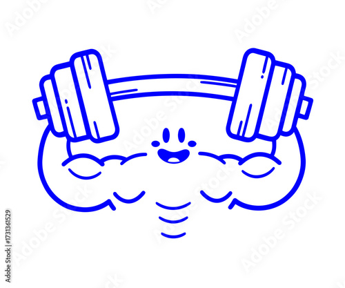 A cute and strong cartoon character with a smiling face lifting a heavy barbell for fitness motivation