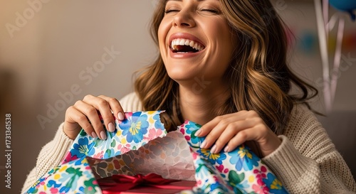 Young woman laughing while unwrapping colorful gift at home  