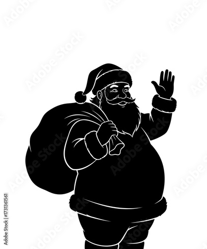 Classic Christmas Santa Claus silhouette waving hello and carrying a large sack of presents