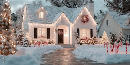 A picture of the front of a house decorated with a Christmas theme