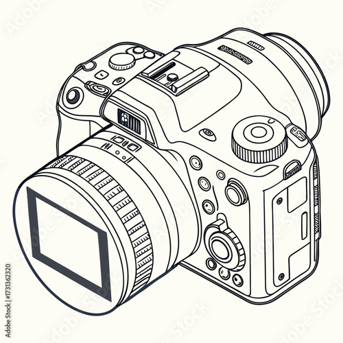 Detailed line art illustration of a dslr camera with a zoom lens, showcasing its features and design, perfect for technical drawings and educational materials