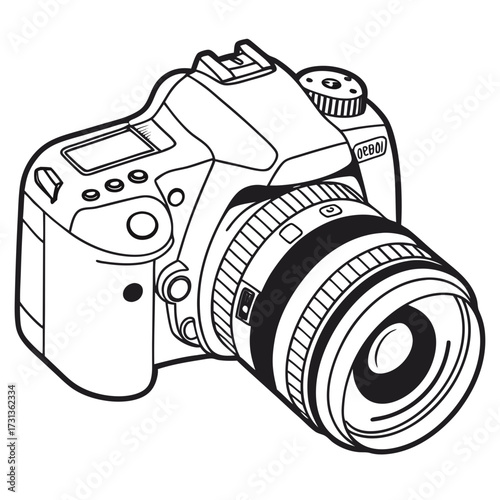 A captivating line art illustration of a dslr camera, showcasing its intricate details and design, perfect for photography enthusiasts and design projects
