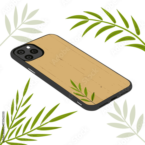 Wooden phone case with bamboo leaves, highlighting the blend of nature and technology, ideal for ecoconscious consumers seeking stylish protection