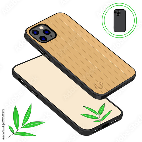 Wooden phone case with bamboo leaves, showcasing dual designs and ecoconscious materials, perfect for stylish and sustainable mobile protection