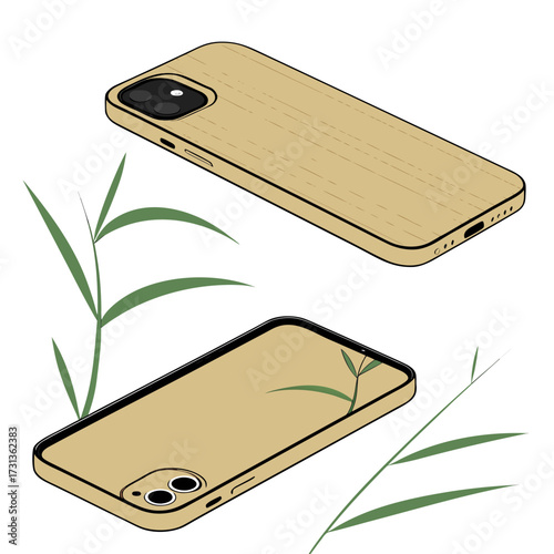 Two phones in wooden cases, surrounded by bamboo leaves, showcase ecofriendly design and sustainable materials the image highlights the natural aesthetic