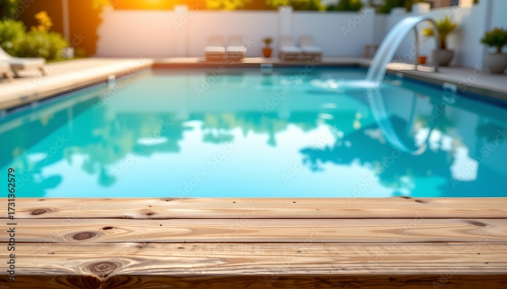 Obraz premium A serene poolside setting during what appears to be late afternoon, given the warm sunlight and long shadows