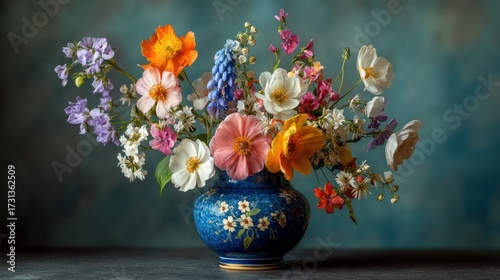 Beautiful colorful flower bouquet in a blue patterned ceramic vase with a dark textured background, vibrant floral arrangement for decoration or art display