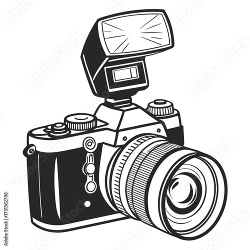 Detailed line art illustration of a classic singlelens reflex camera with a flash attachment, the camera is depicted with precision and clarity
