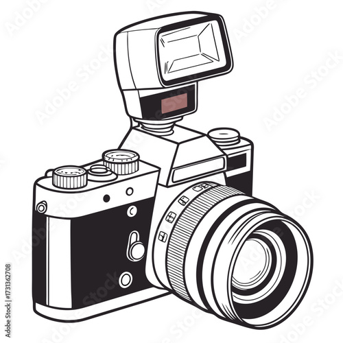 Detailed line art illustration of a classic singlelens reflex camera with a flash attachment, the camera is depicted with precision and clarity