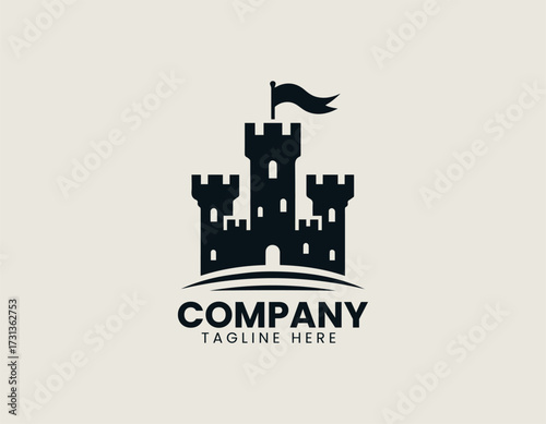 Vector logo medieval castle fortress with towers and flag in strong symbolic design