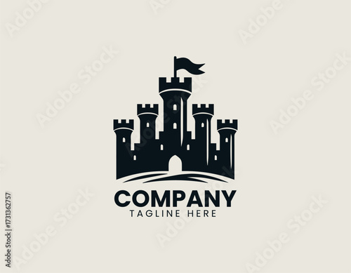 Vector logo medieval castle fortress with towers and flag in strong symbolic design