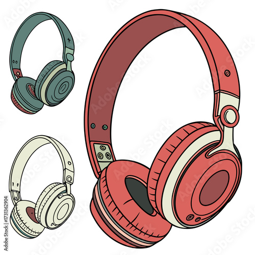 Illustration of various headphones, showcasing a diverse collection of audio accessories in different styles and designs, perfect for music enthusiasts