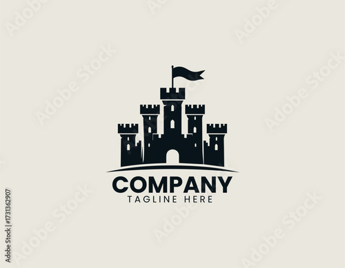 Vector logo medieval castle fortress with towers and flag in strong symbolic design