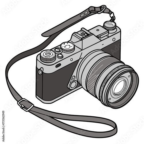 Isometric illustration of a classic rangefinder camera with a strap, capturing the essence of vintage photography in a modern design
