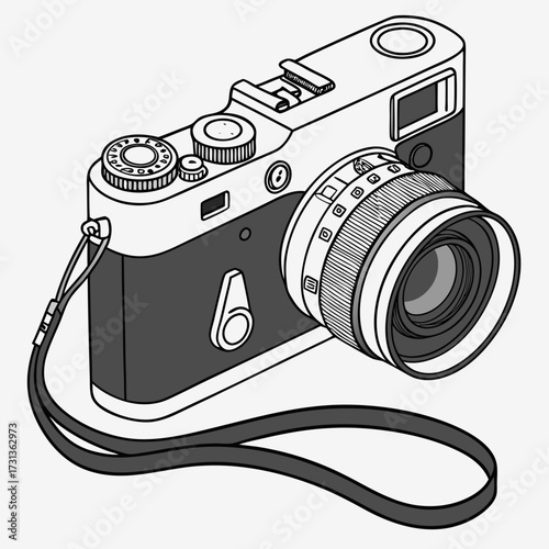Isometric illustration of a vintage rangefinder camera with strap, showcasing the timeless appeal of classic photography equipment