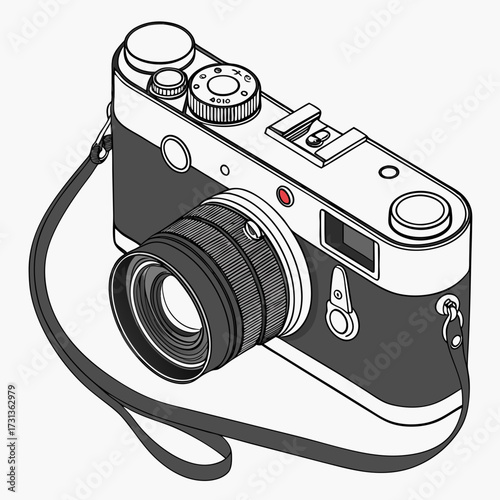 Illustration of a classic rangefinder camera, showcasing its iconic design, lens, and strap, perfect for photography enthusiasts and vintage aesthetics
