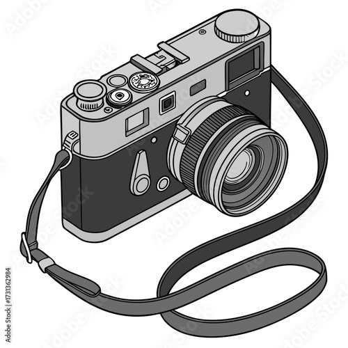 Illustration of a classic rangefinder camera, showcasing its lens, strap, and iconic design, perfect for photography enthusiasts and vintage lovers