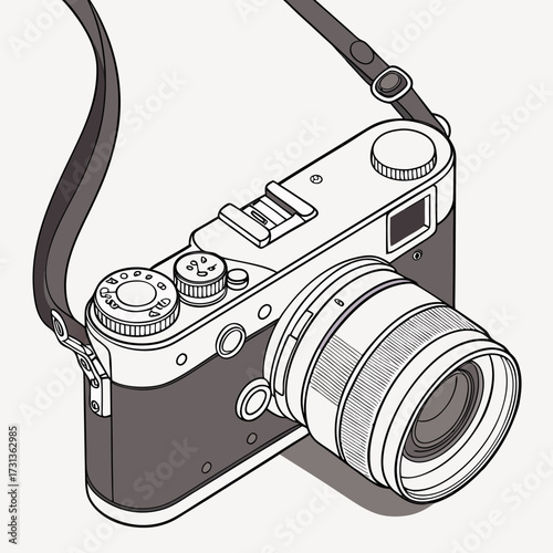 Illustration of a vintage rangefinder camera, highlighting its lens, strap, and classic design, ideal for photography lovers and retro enthusiasts