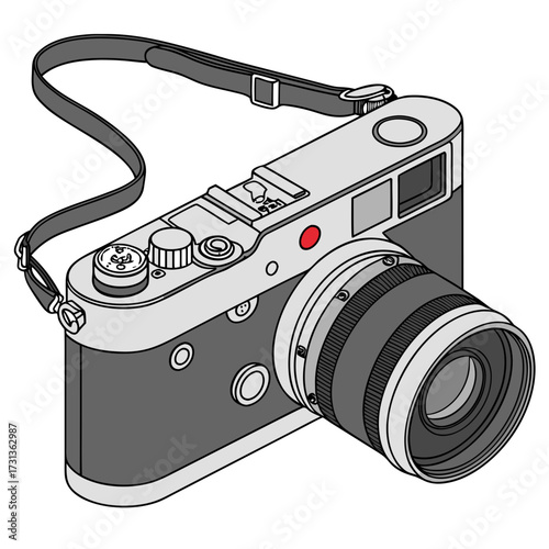 Illustration of a retrostyle camera with a lens and strap, presented in a clean, vector format, the design emphasizes simplicity and classic aesthetics