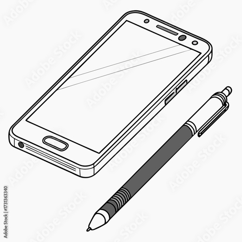 Isometric illustration of a smartphone and stylus pen, showcasing modern technology and digital creativity in a minimalist design
