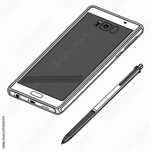 Isometric illustration of a smartphone and stylus pen, showcasing modern technology and digital creativity in a minimalist design