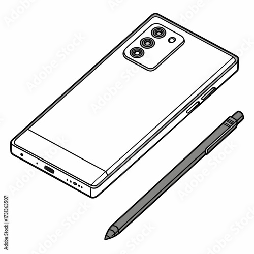 Isometric line art illustration of a modern smartphone with a triplelens camera and a stylus, showcasing sleek design and technological advancement
