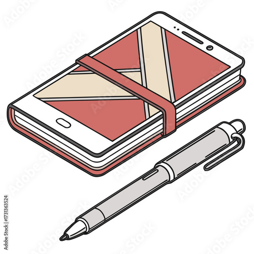 Isometric illustration of a smartphone with a book cover and a pen, symbolizing the fusion of digital and traditional learning methods