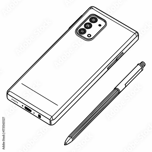 Isometric line art illustration of a modern smartphone with a stylus, showcasing sleek design and technological advancement