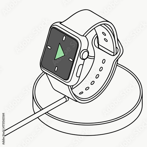 Isometric illustration of a smartwatch on a wireless charging pad, the design highlights the convenience of modern technology and the seamless integration of devices into daily life