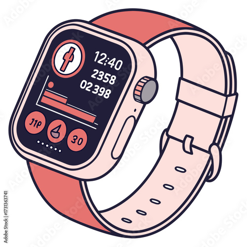 Isometric illustration of a pink smartwatch displaying fitness data, the design highlights modern technology and wearable devices with a focus on health