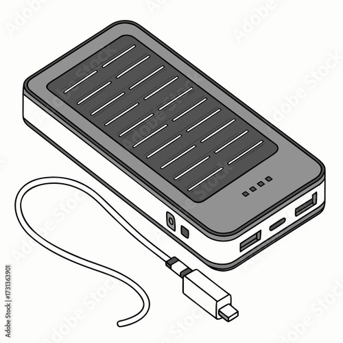 Isometric illustration of a solar power bank with a charging cable, showcasing portable energy and sustainable technology for ecofriendly charging
