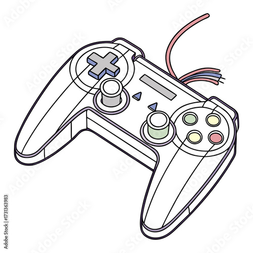Illustration of a retro video game controller, reminiscent of classic gaming consoles, featuring a directional pad, buttons, and analog sticks for interactive gameplay