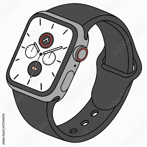 Illustration of a sleek smartwatch with a white face and a dark gray band, showcasing its modern design and functionality perfect for tech and lifestyle themes