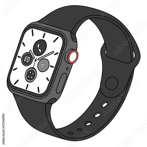 Illustration of a stylish smartwatch with a white face and dark gray band, showcasing its versatile features and sleek design great for tech and fashion
